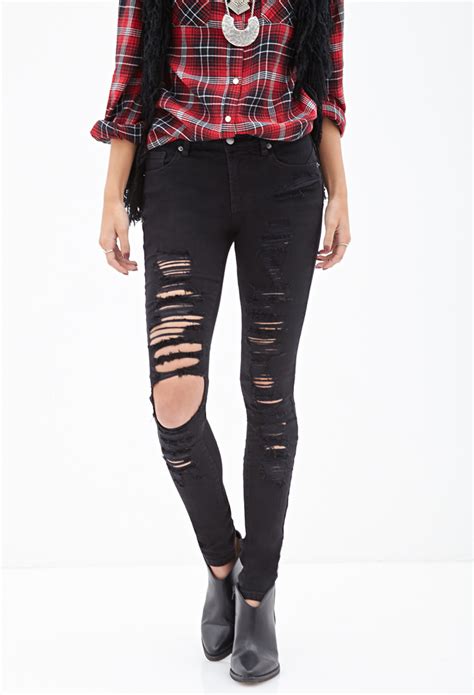 lyst forever 21 low rise ripped skinny jeans in black