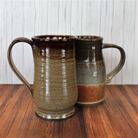vintage stoneware pottery large  oz mug coffee cup set   handmade cream beige tan hand