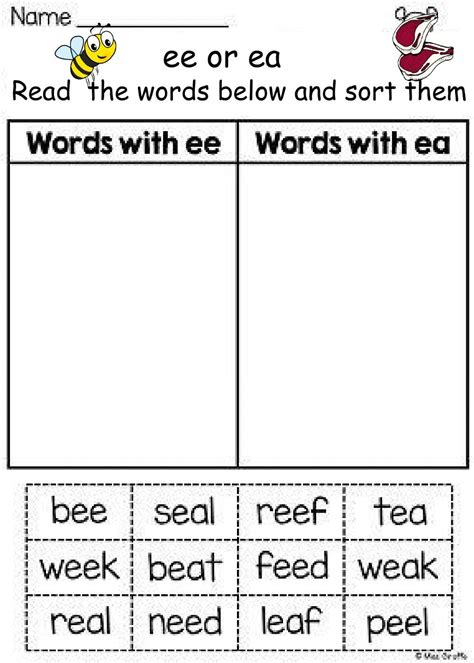 ee  ea sorting worksheet phonics worksheets phonics ea words