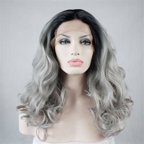 20 22 24 ombre black mixed gray wavy long lace front wig heat