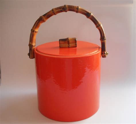 Vintage Vinyl Ice Bucket Groovy Orange Bamboo Handle Knob