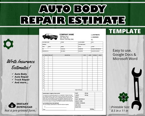 auto repair estimate form printable auto repair estimate template job