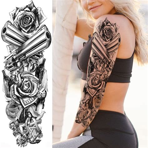 sexy women guns rose flower temporary tattoos for men
