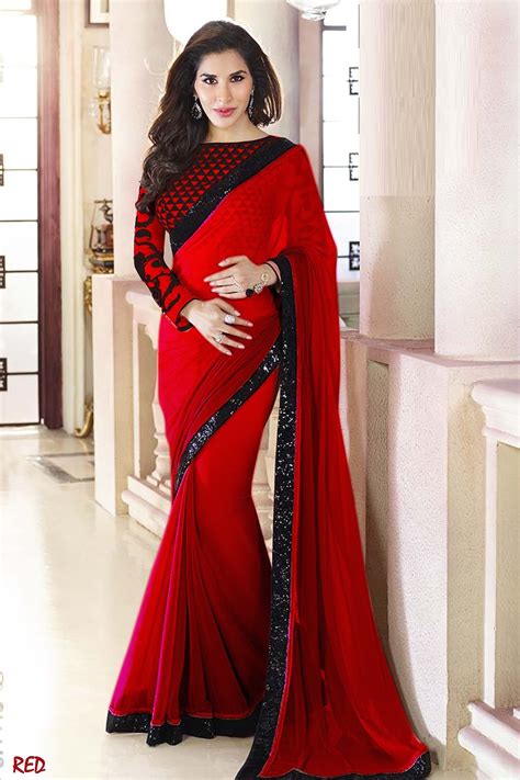 Buy Red Plain Georgette Designer Saree With Blouse Online