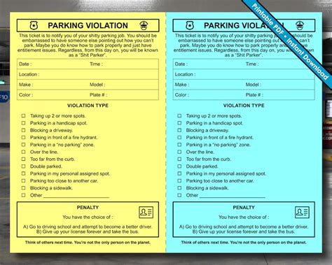 parking violation ticket fake parking ticket printable  etsy