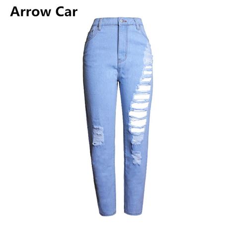 arrow car women ripped jeans shredded denim loose straight pants high