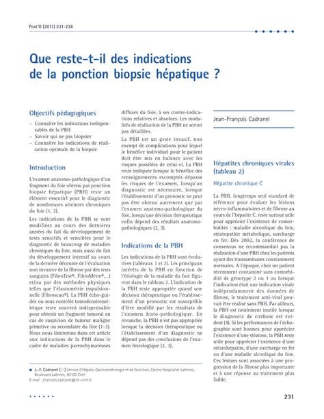 Que Reste T Il Des Indications De La Ponction Biopsie Hépatique