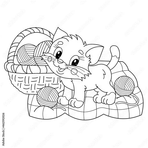 coloring page outline  cartoon  cat  basket  knitting