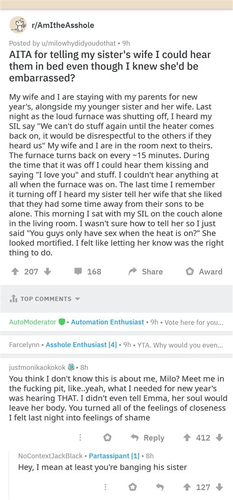 guy asks am i the asshole for telling his sister s wife he heard them having sex and his