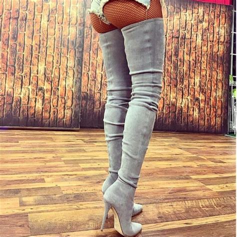 grey suede thigh high boots stiletto high heels 2017 new slim stretch