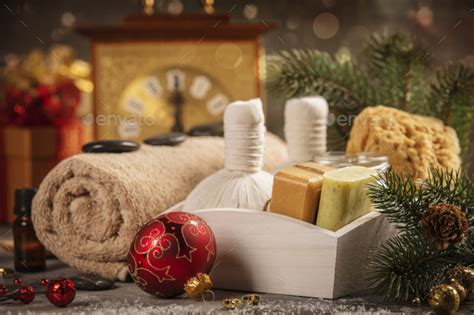 spa composition  christmas decoration holiday spa treatment stock