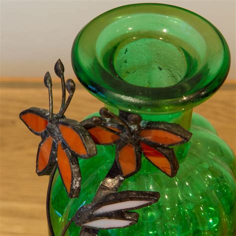 Green Bottle Vase With Stained Glass Flowers Orchid