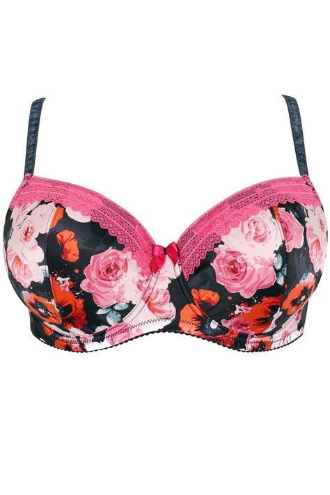 red and pink floral poppy rose print satin underwired moulded bra plus size 38c 46g