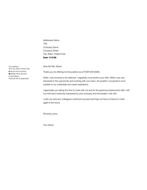 job decline letter sample employment rejection letter