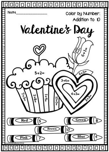 valentines day color  addition worksheets math coloring