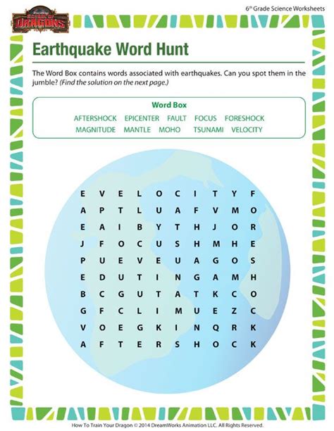 earthquake word hunt worksheet sixth grade science printable