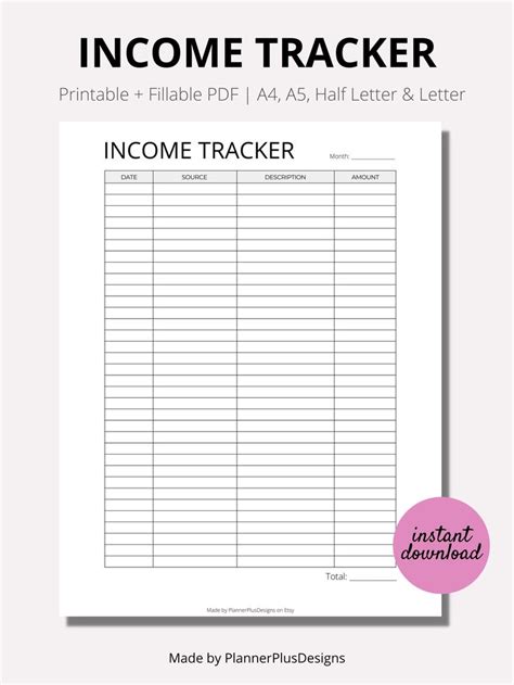 income tracker printable income log monthly income tracker etsy