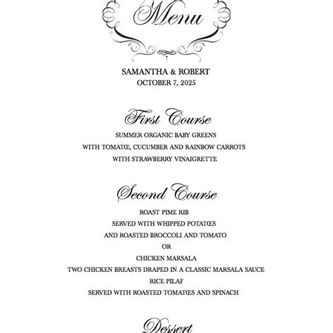 wedding menu template  printable printable templates