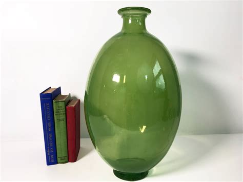 Vintage Art Glass Vase Green Large Bulbous Oval Floor Vase Tall