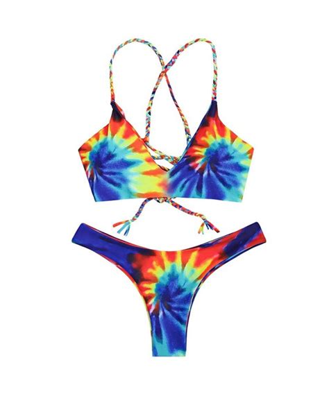 women s tie dye spaghetti strap criss cross beach bikini set swimwear