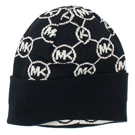 Womens Michael Kors Signature Beanie Hat Mk Logo Black White Click