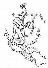 Mermaid Tattoo Colouring Siren Anchor Meerjungfrau Sirenas Sirene Colorear Sirena Sirenen Anclas Bocetos sketch template