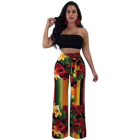 Sexy Women Two Piece Set Bandeau Strapless Cropped Top Pants Floral