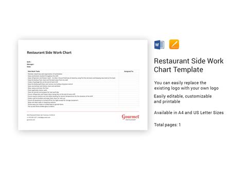 restaurant side work chart template  word apple pages