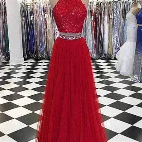 Sexy Two Piece Red Long Prom Dresses With Lace Appliques On Luulla