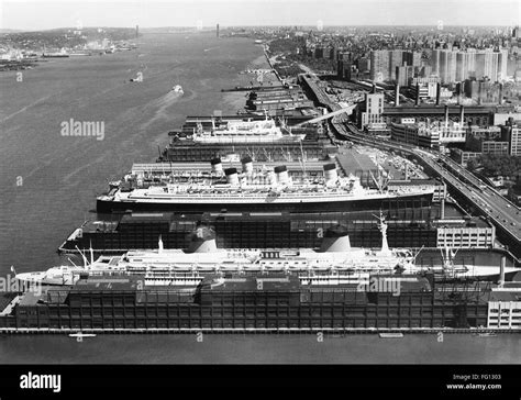 york city  nocean liners  freighters moored   piers   hudson river