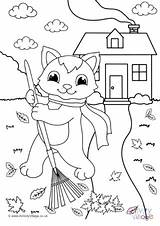 Colouring Cat Autumn Pages Leaves sketch template