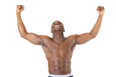 built muscular black man  arms raised stock photo image  shirtless positive
