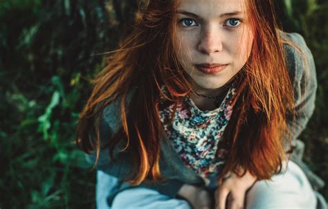 Wallpaper Face Women Redhead Model Depth Of Field Blue Freckles