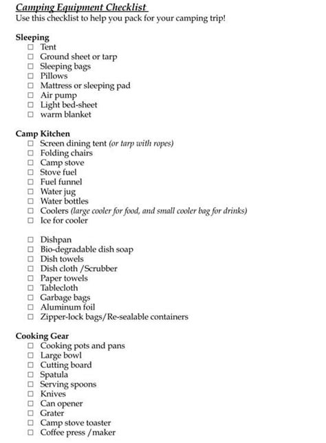 essential camping checklist   printable templates