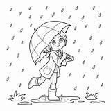 Rain Girl Umbrella Coloring Running Book Children Preview sketch template