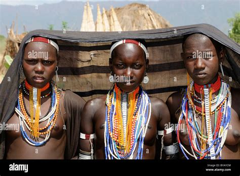 Three Young Girls From The Arbore Tribe Omo Valley Ethiopia Africa