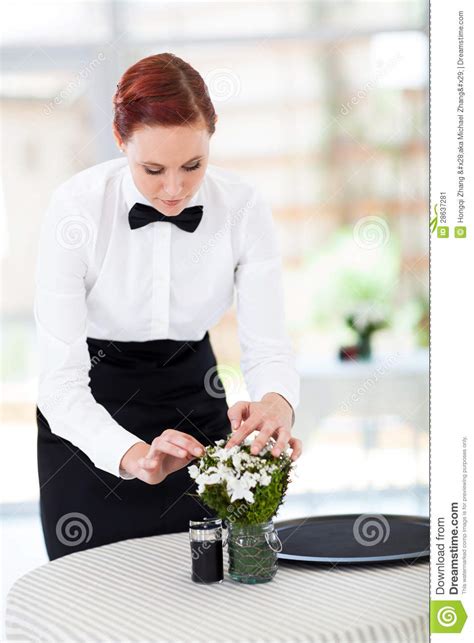 waitress setting table stock image image of cafe female