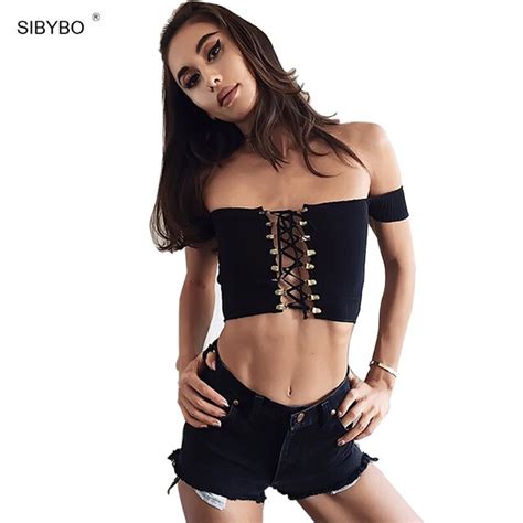 sibybo lace up crop top women off shoulder summer cropped tops sexy
