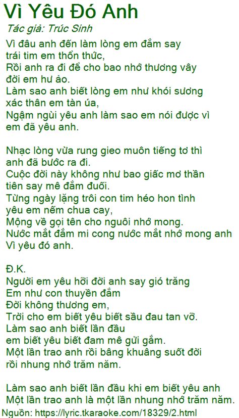 Loi Bai Hat Vi Yeu Do Anh Truc Sinh [co Nhac Nghe]