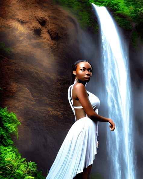 Beautiful Angelic Melanin Woman In Front Of Stunning Waterfall