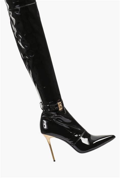 balmain leather stretch vinyl raven thigh high boots in black lyst