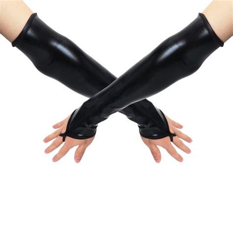 sexy long black metallic feel gloves synthetic leather arm sleeves