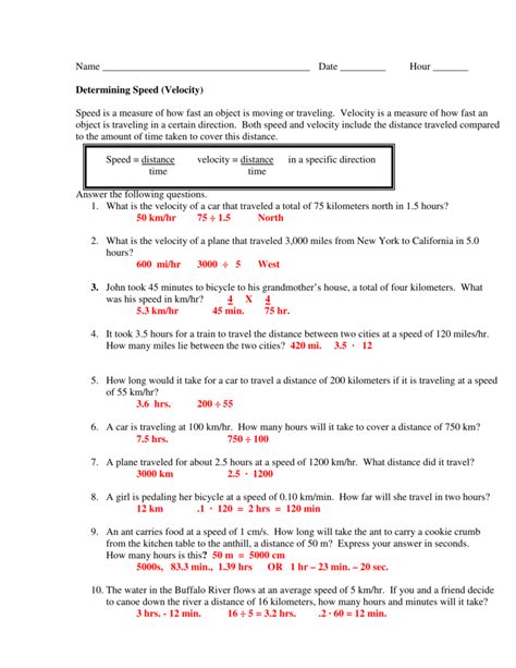 speed  velocity worksheet answer key db excelcom