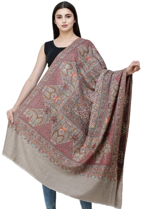 simply taupe pure pashmina shawl  kashmir  sozni hand