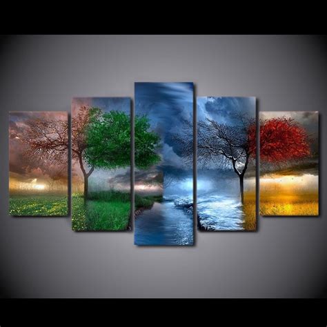 5 Piece Hd Printed Four Season Tree Framed Wall Picture Art Poster
