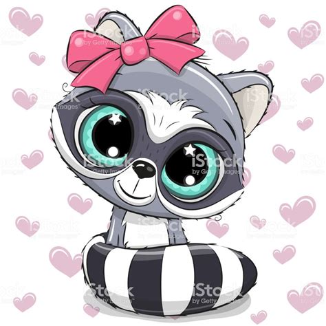cute cartoon raccoon girl   hearts background baby animal drawings