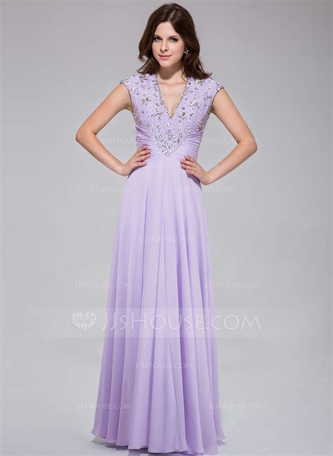 a line princess v neck floor length chiffon prom dress with ruffle lace