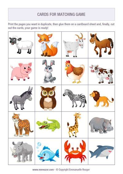printable matching game animals cards  memozor
