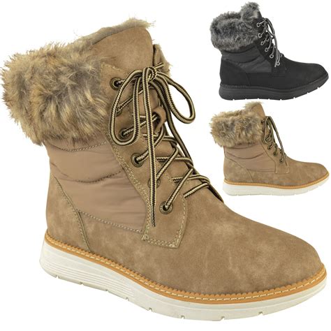 womens winter ankle boots warm fur lined walking comfor lace  ladies