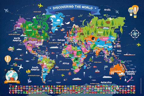 xl world map poster  kids large illustrated wall map etsy